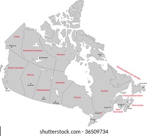 Gray Canada Map With Provinces And Capital Cities