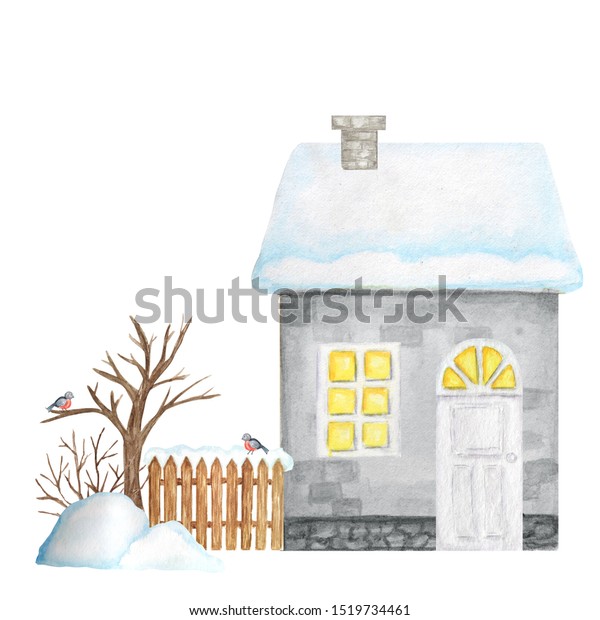 Gray\
Cartoon Winter House with wooden fence and Bullfinch bird couple,\
snowdrifts. Watercolor New year Greeting card, poster, banner\
concept with copy space for text. Front\
view.