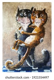 gray cat holding ginger kitten in its paws  love  illustration  watercolor 
