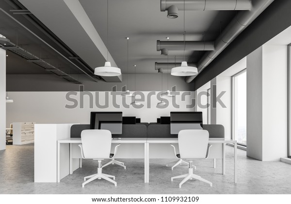 Gray Ceiling Industrial Style Office Interior Stock Illustration