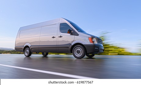 Gray Commercial Van On Highway Motion Blurred 3d Illustration Background