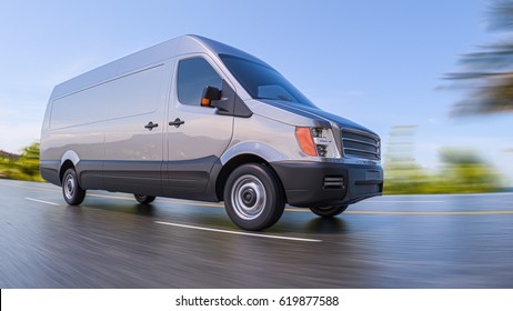 Gray Commercial Van On Highway Motion Blurred Fisheye Lens 3d Illustration Background