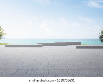 Gray Concrete Bench On Empty Outdoor Terrace Near Garden In Modern City Park. Plaza 3d Rendering With Beach And Sea View.