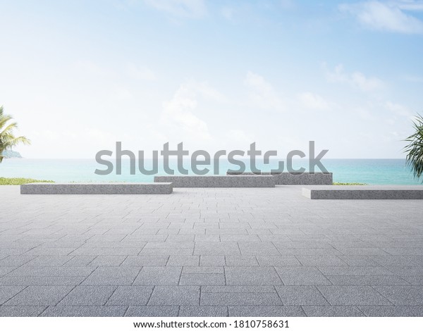 Gray\
concrete bench on empty outdoor terrace near garden in modern city\
park. Plaza 3d rendering with beach and sea\
view.