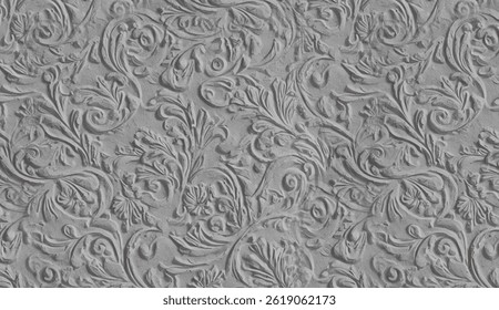 Gray concrete wall featuring a seamless floral pattern, creating an elegant and decorative texture