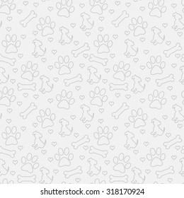 Gray Dog Paw Prints, Puppy, Bone and Hearts Tile Pattern Repeat Background that is seamless and repeats