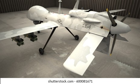 Gray Eagle military drone on wet backyard of airbase. Armored with hellfire missiles. Back view. 3d render