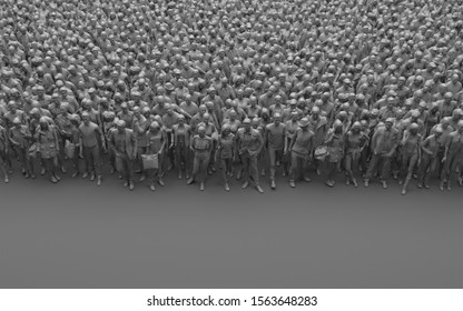 Gray Faceless Crowd Of People On A Gray Background. Large Bleached Group Of People In Monochrome Color. 3D Rendering With Copy Space. High Angle View