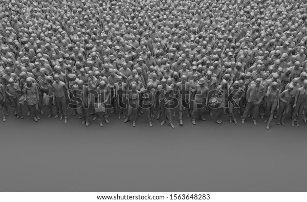 Gray faceless crowd of people on a gray\
background. Large bleached group of people in monochrome color. 3D\
rendering with copy space. High angle\
view