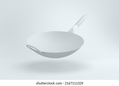 Gray Frying Pan Wok On A White Studio Background. Minimal Concept. Perspective View. Monochrome. 3D Render.