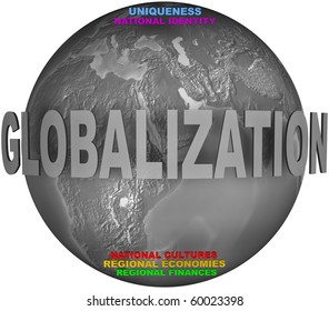 Gray globe with opposition of globalization and national and regional words. Globalization concept illustration. One of the modern civilization dangerous global trend is the globalization