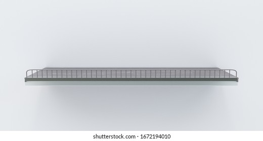 Gray Grocery Retail Shelf With Protection And Shelf Talker Isolated On Gray Background Design Template For Mock Up. 3d Rendering Design For Display Product Object In Supermarket