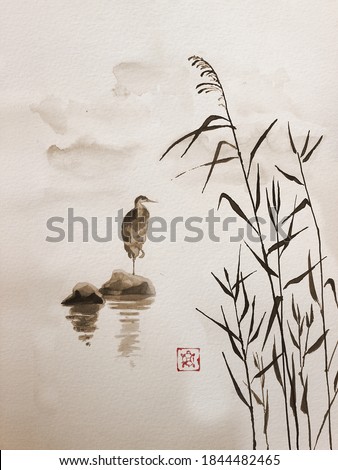 The gray heron stands in the lake. Traditional Japanese ink painting sumi-e on vintage paper. Illustration.