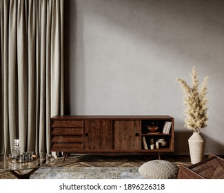 Gray Interior With Dresser And Decor. 3d Render Illustration Mockup.