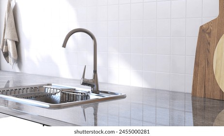 Gray marble kitchen table counter countertop, modern stainless sink in sunlight on square white tile wall for interior design decoration, cooking, food, kitchenware product display background 3D