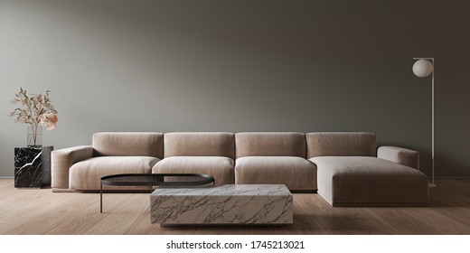 Gray Minimalistic Interior With Marble Coffee Table And Sofa. 3d Render Illustration Mock Up.