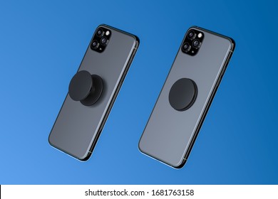 Gray Mobile Phones With Black Pop Sockets On Light Blue Background. 3d Rendering.