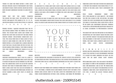 Gray newspaper advertisement column mockup with copy space on a blurred article words text background. Printed monochrome news page sheet with empty template place