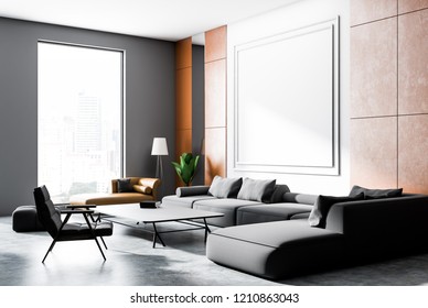 Gray and orange wall living room corner with concrete floor, gray and brown sofas, armchair and coffee table with books. 3d rendering mock up