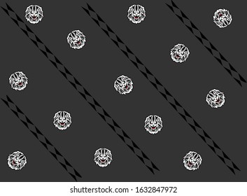 Gray Pattern Illustration With Lion Head. 