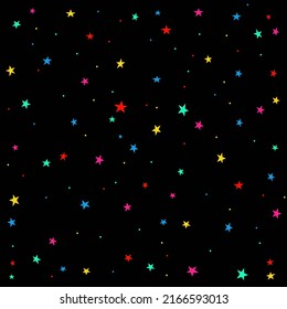 Gray Pink Green Red Blue Yellow Messy Circles And Stars Of Different Sizes On Drak Background.confetti Seamless Pattern With Round Shapes.