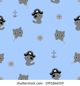 Gray pirate cat cartoon character on blue background, seamless pattern