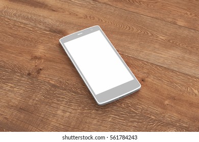 Gray smartphone with white blank screen on wooden background. Isolated with clipping path around smartphone and around screen copy space. 3d render