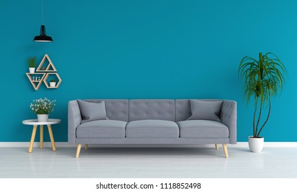 Gray Sofa And Ramp, Flower, Table, Shelves In Blue Living Room, 3D Rendering