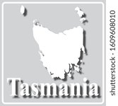 gray square icon with white map silhouette and inscription Tasmania