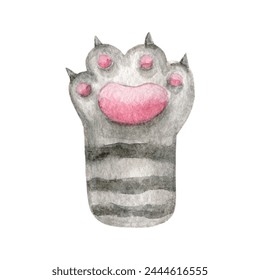 Gray striped cute cat paw. Hand drawn watercolor illustration of sweet paw of domestic pet isolated on white background. Graphic for  print, greeting card, stickers, poster - Powered by Shutterstock