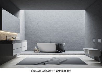 Gray wall bathroom interior with a white tub, a double sink and a long mirror above it. Toilets. 3d rendering mock up
