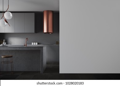 Gray Wall Kitchen With Balck And Gray Countertops, A Sink And A Blank Wall Fragment. 3d Rendering Mock Up