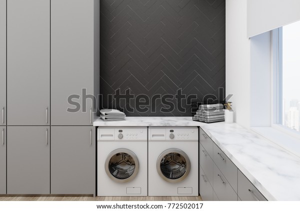 Gray Washroom Interior Black Wooden Walls Stock Illustration 772502017