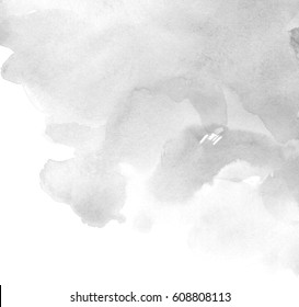 Gray watercolor hand drawn paper texture isolated splash background for card, wallpaper, print. Grunge abstract brush paint monochrome color illustration element for text design, tag, template