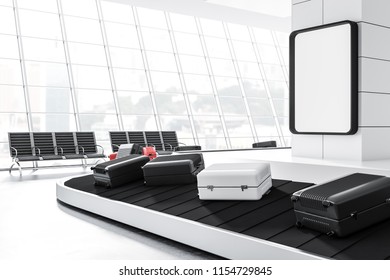 Gray, White And Pink Suitcases On Airport Conveyor Belt In A White Wall Room With Benches Near The Window. A Poster On The Wall. Side View. 3d Rendering Mock Up