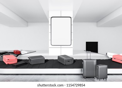 Gray, White And Pink Suitcases On Airport Conveyor Belt In A White Wall Room With A Poster On The Wall. 3d Rendering Mock Up