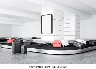 Gray, White And Pink Suitcases On Airport Conveyor Belt In A White Wall Room With A Poster On The Wall. Side View. 3d Rendering Mock Up