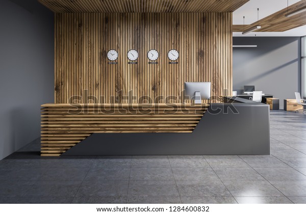 Gray Wooden Reception Desk Standing Modern Stockillustration