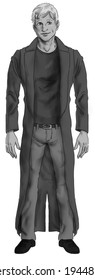 Grayscale digital illustration standing man and trench coat
