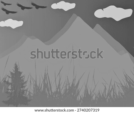 Grayscale silhouette of soaring eagles over mountains and grassy fields.