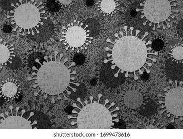 A grayscale virus themed background image featuring layered virus silhouettes and shadows over a textured background.