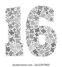 Grayscale word cloud forming the number 16, with repeated text in various sizes. Perfect for celebrating milestones, birthdays, or numeric-themed designs.