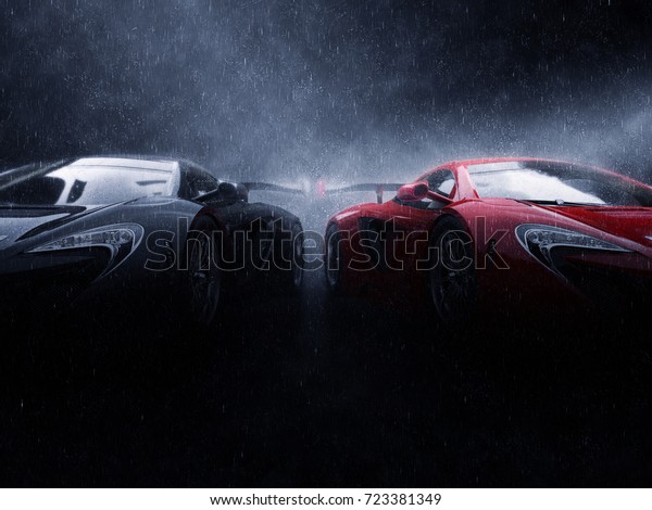 Great black and red super cars side by side\
in the rain - 3D\
Illustration