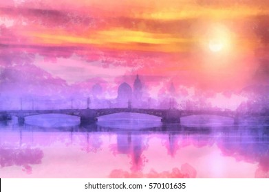 Great Bridge At Sunset In The City. Watercolor Painting