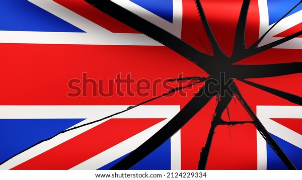Great Britain flag with cracks. Damage to flag of\
England. State symbol of United Kingdom. Concept split in society\
in England. Problems in United Kingdom. Great Britain patriotic\
banner. 3d image.