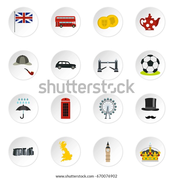 Great Britain icons set in flat style.\
London set collection  icons set\
illustration