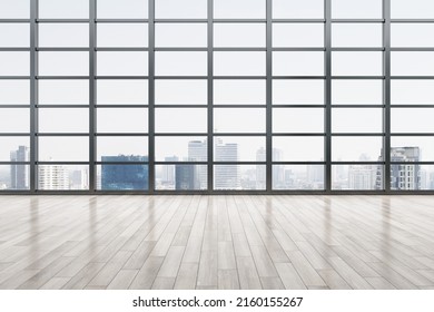 Great City View From Big Lattice Window In Empty Spacious Hall With Wooden Floor. 3D Rendering