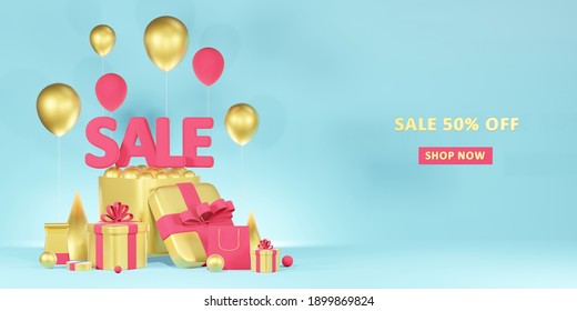 Great Discount Banner Design With 3d Rendering Red SALE Balloon Phrase On Blue Background With Gift Box, Shopping Bag