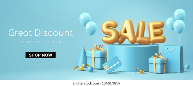 Great discount sale banner design in 3d illustration on blue background, sale word balloon on podium with credit card, shopping bag and gift design elements