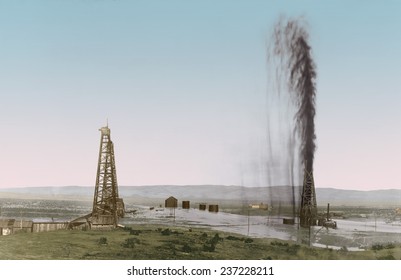 Great Gusher In A California Oil Field Floods The Surrounding Scrub Land, 1910 Photo With Modern Digital Color.